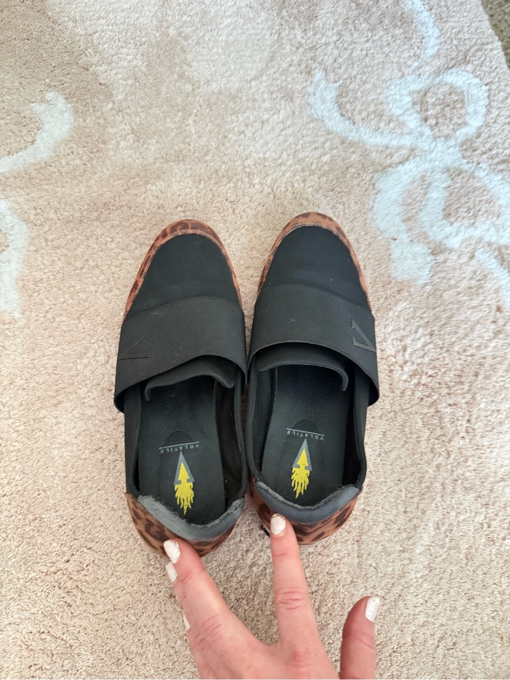 Volatile Black Slip-On Flats with Leopard Trim. rarely worn!